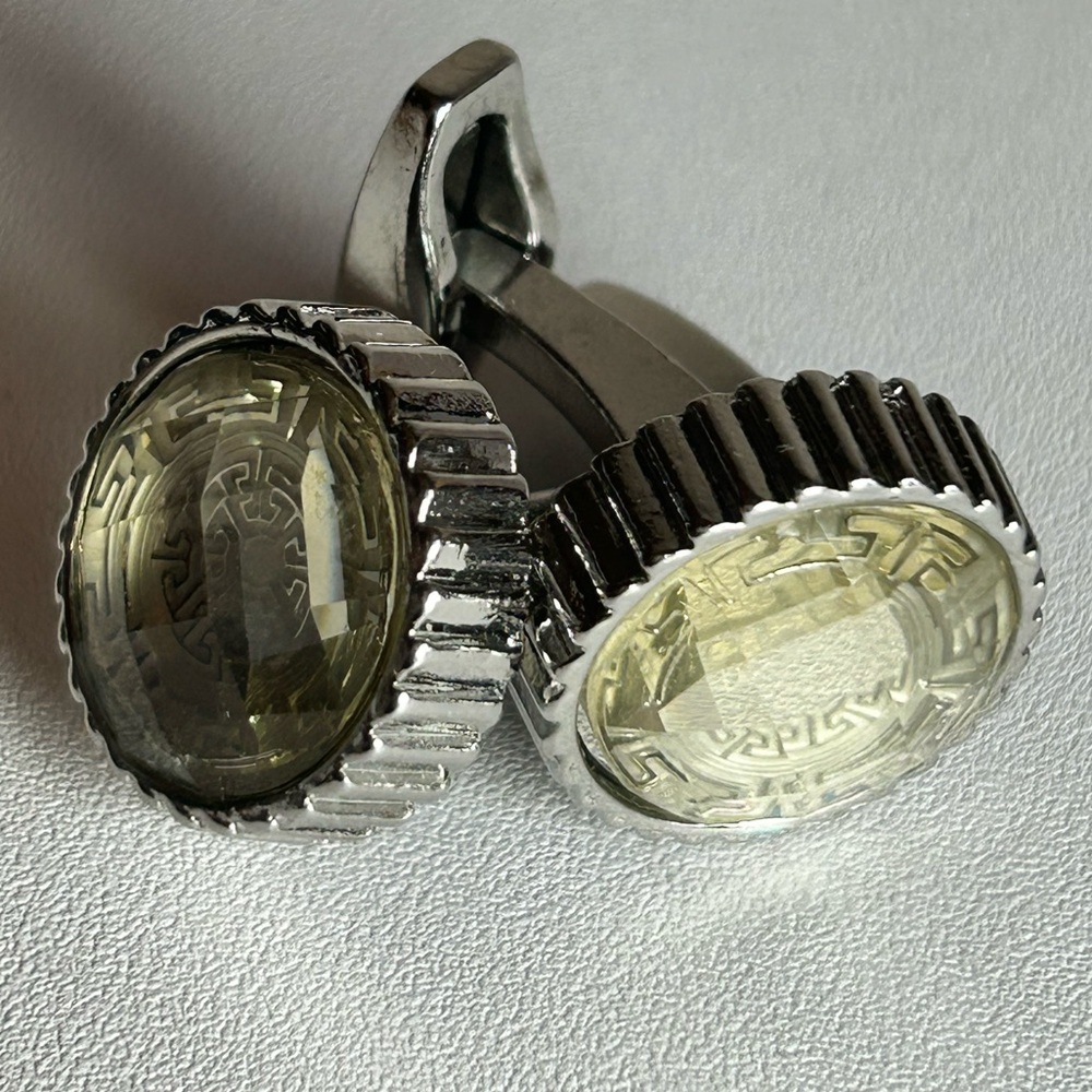 Elegant Vintage faceted glass cufflinks geometric Greek key design Silver tone - Picture 5 of 5